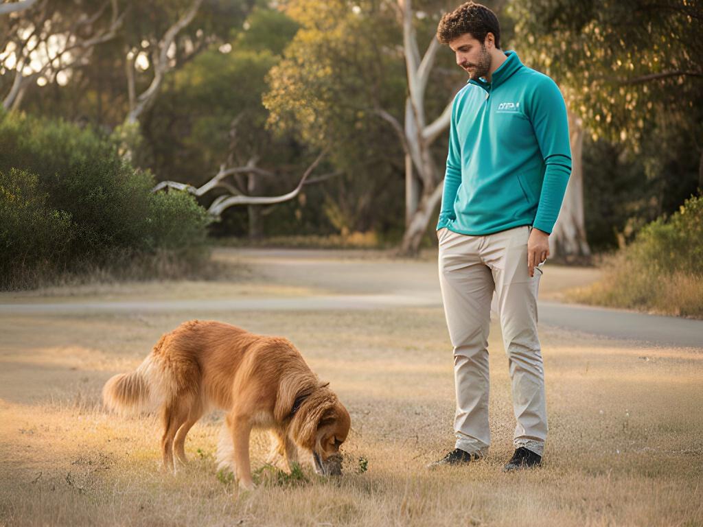 A handler watches a dog follow a scent trail through a quiet Mornington Peninsula park