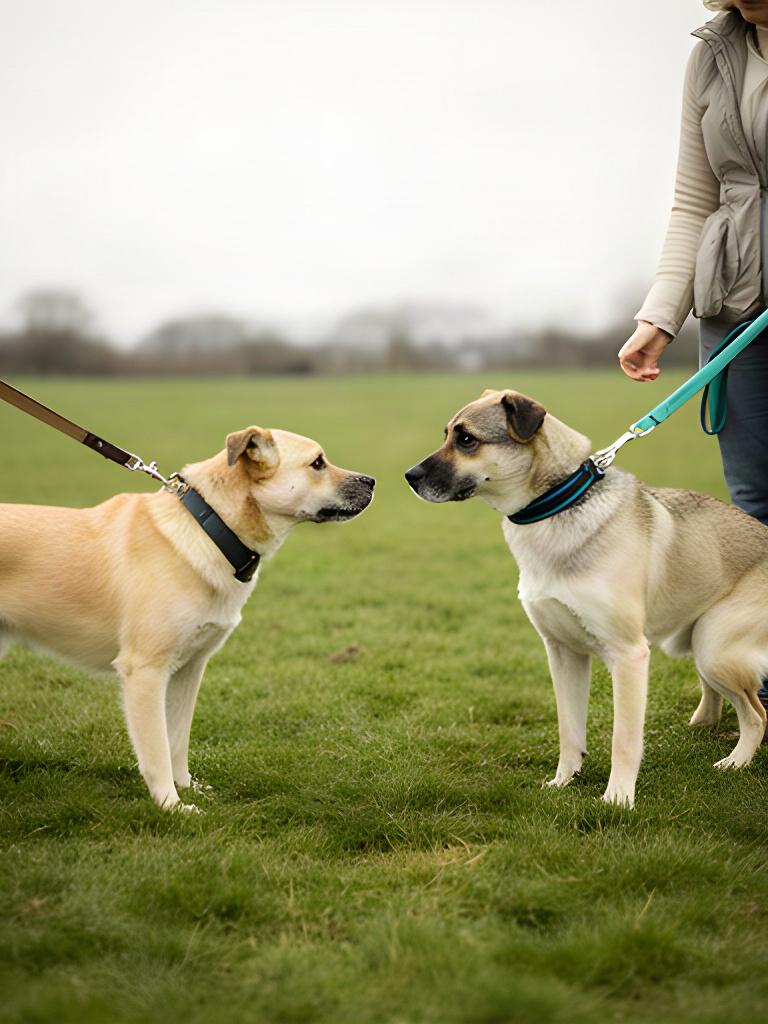 Two relaxed dogs meeting on lead in a quiet open space with room to move apart