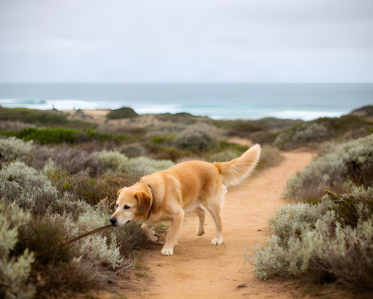 A relaxed rescue dog follows a scent trail beside a quiet coastal path on the Mornington Peninsula