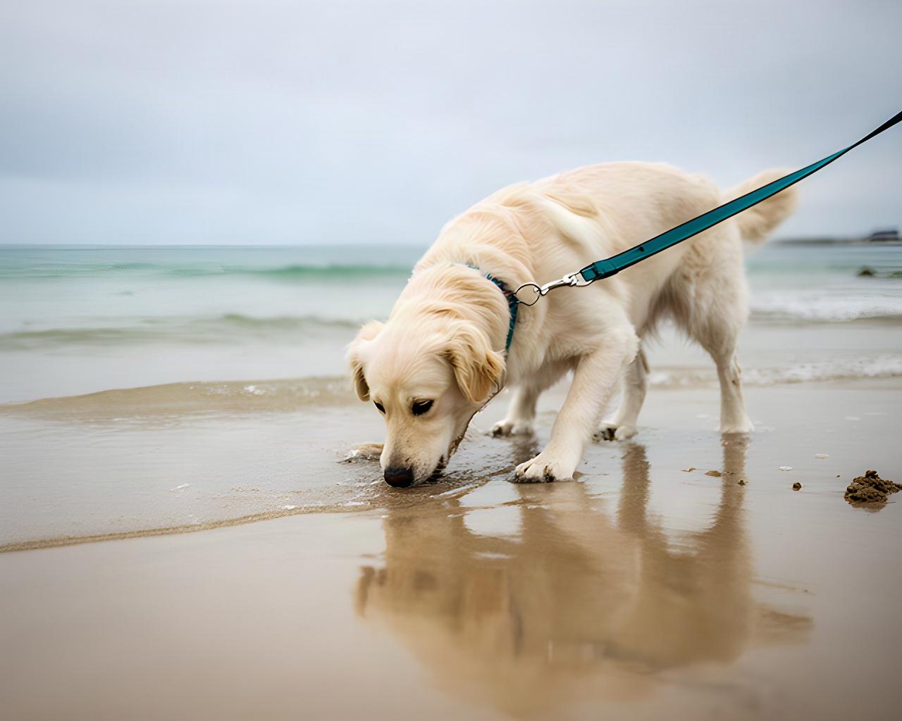 Dog sniffing wet sand at the water’s edge on a calm Victorian beach with the lead kept close
