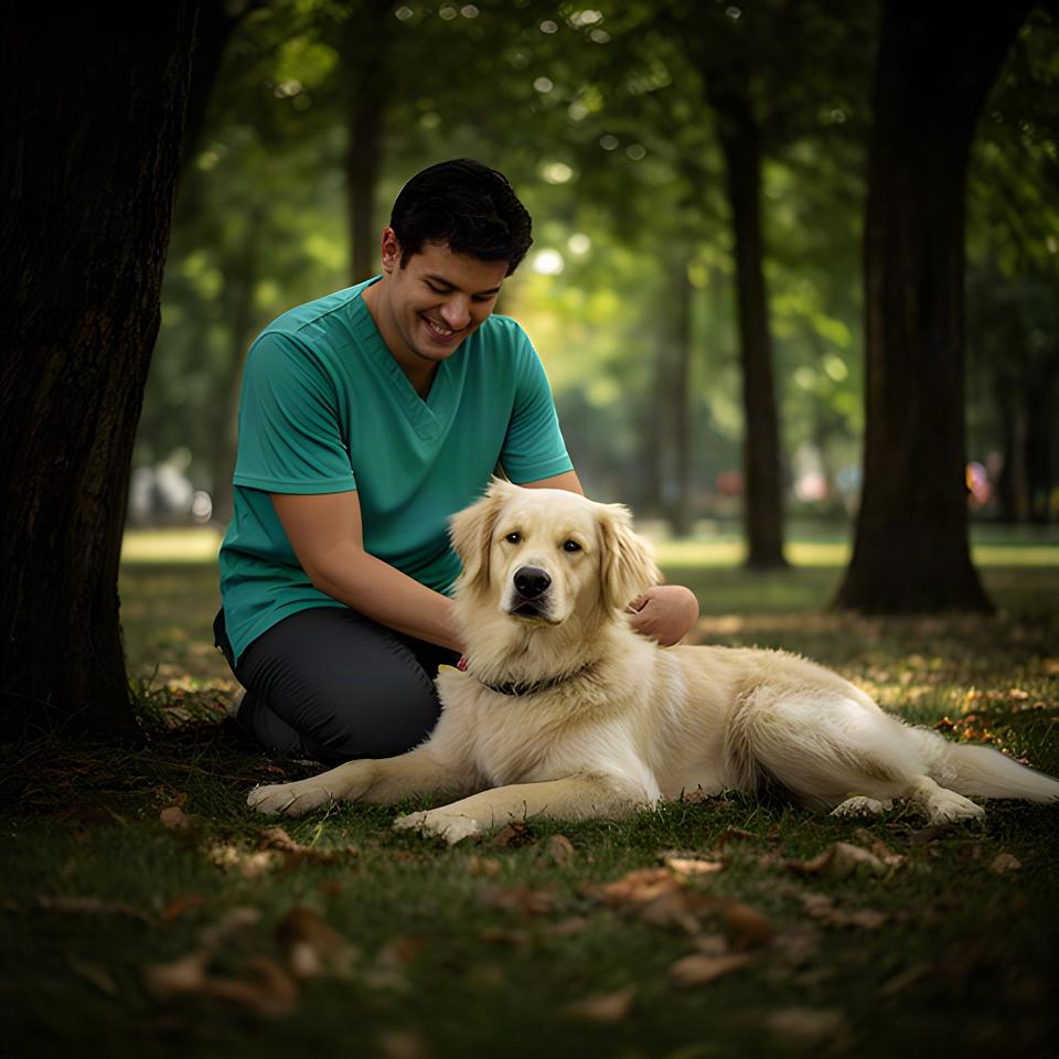 A relaxed dog resting beside its owner after a quiet walk in a shaded park