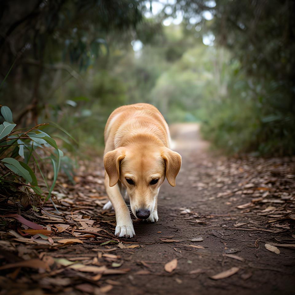 A dog calmly investigating a scent trail on a leafy walking track near Melbourne