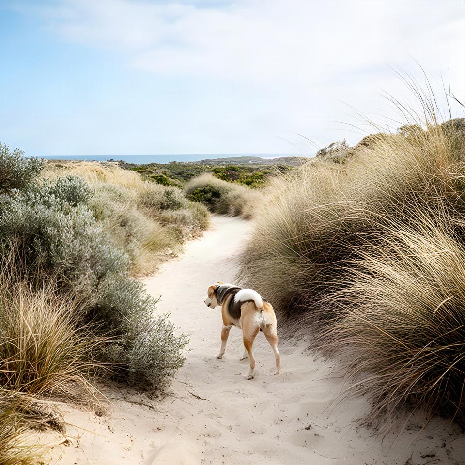 A dog exploring a sandy coastal track with native grasses along the Mornington Peninsula