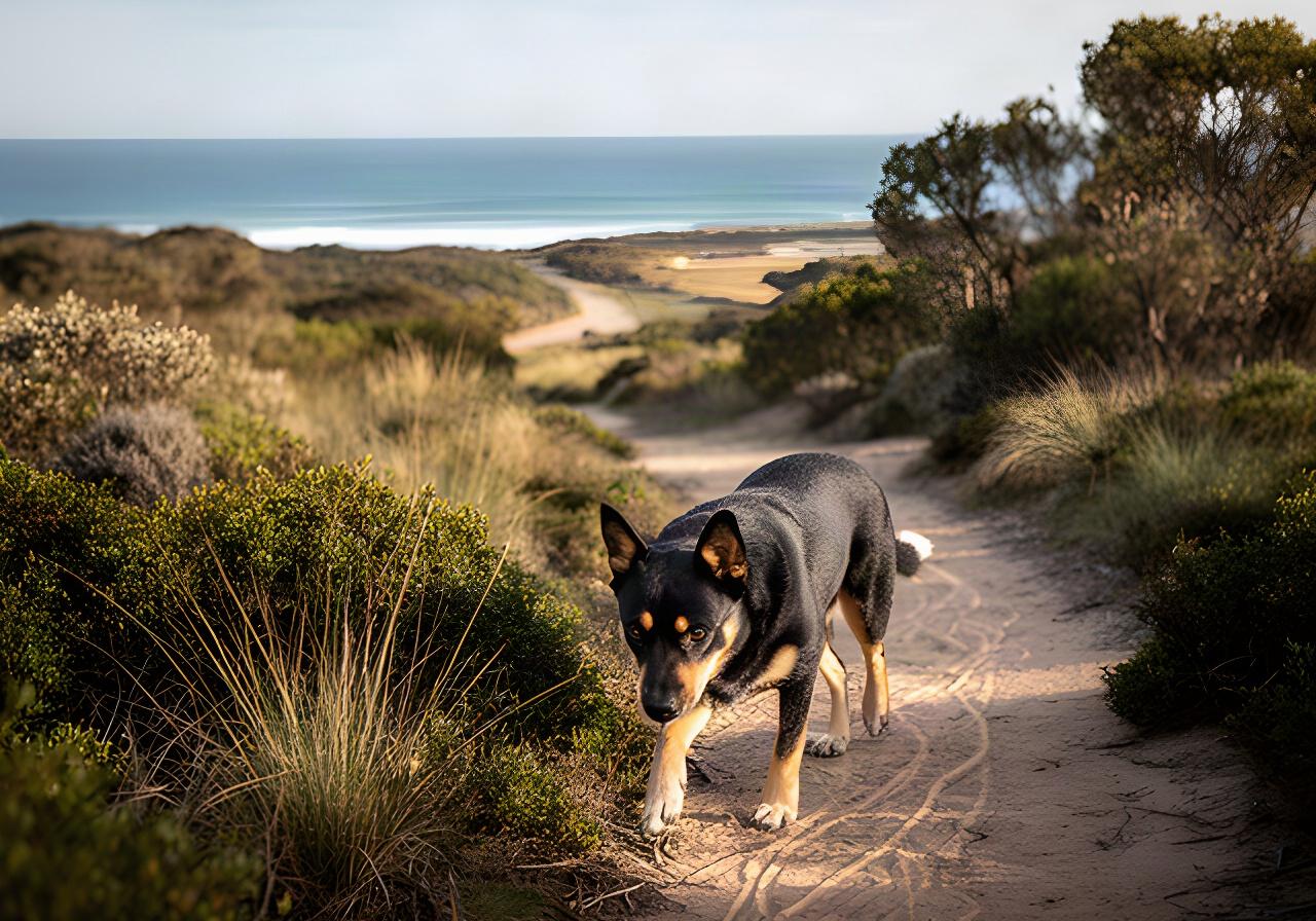 A kelpie following a scent trail beside a coastal path on the Mornington Peninsula