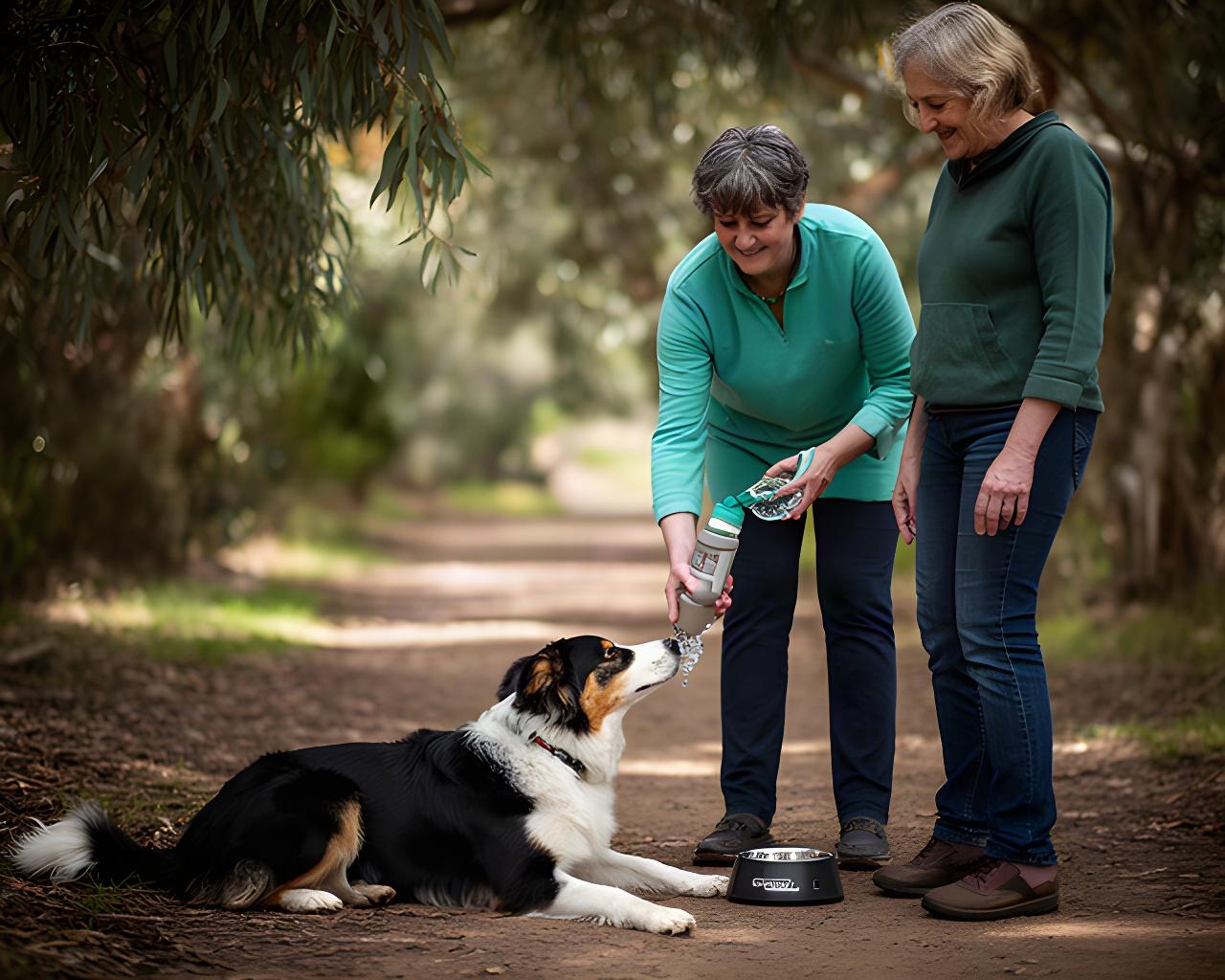 A handler gives a relaxed border collie water beside a shaded path before handing the dog back to its owner