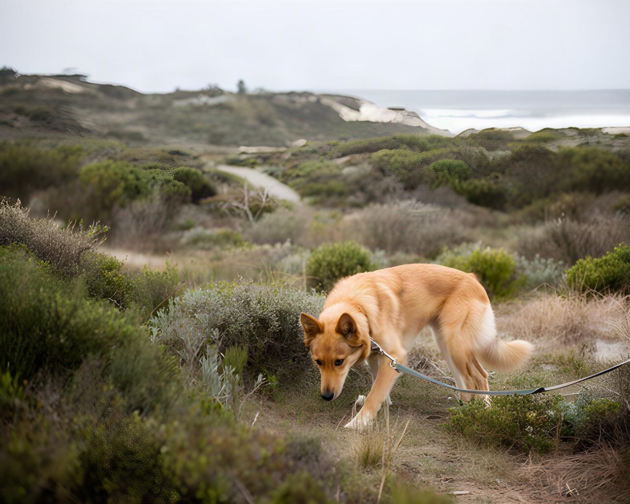 A kelpie calmly follows a scent trail through coastal scrub on a long line near Melbourne