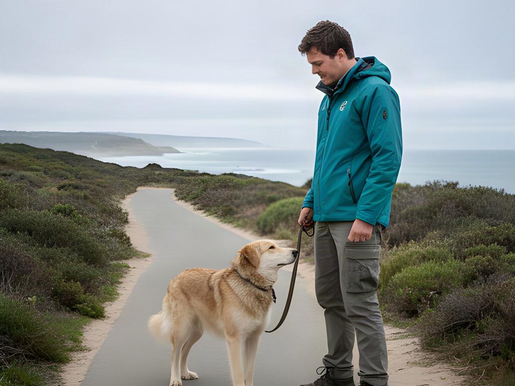A dog pauses beside its handler on a quiet coastal walking track during a planned activity session