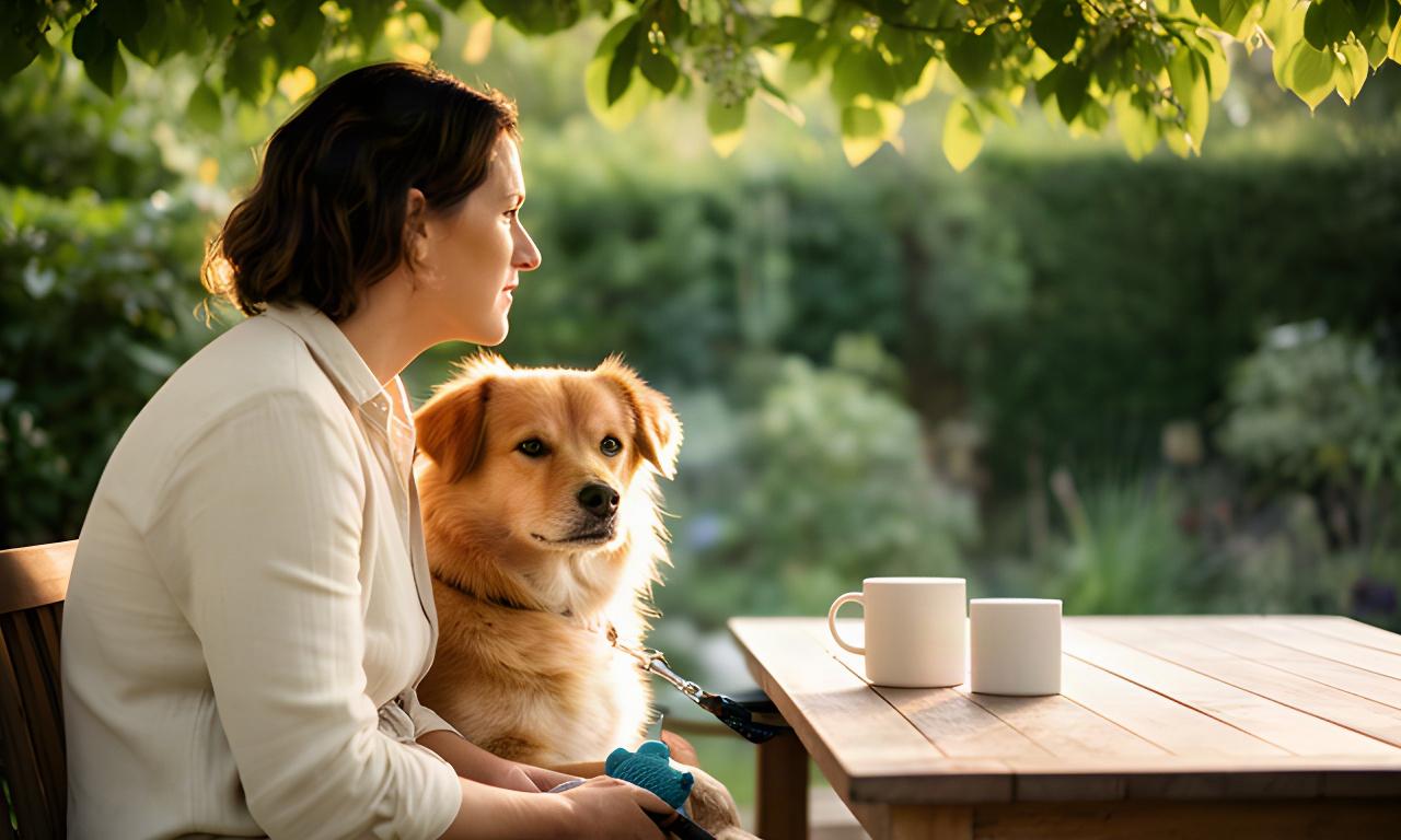An owner and a relaxed dog talking through activity options at a shaded outdoor table