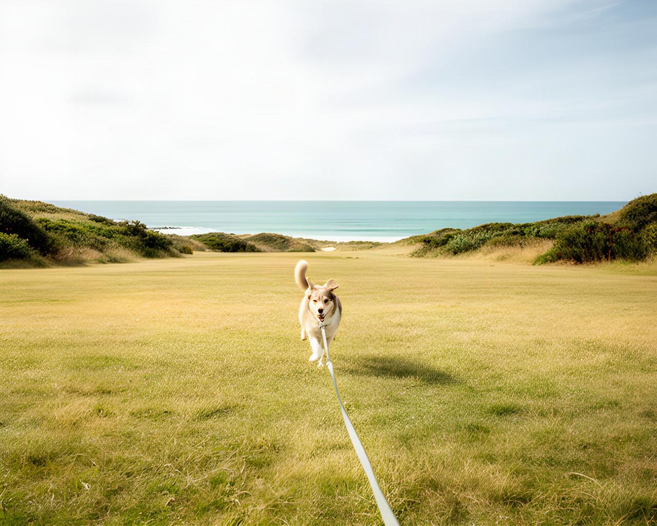 Dog practising a recall on a long line across a quiet grassy coastal reserve with clear space around them