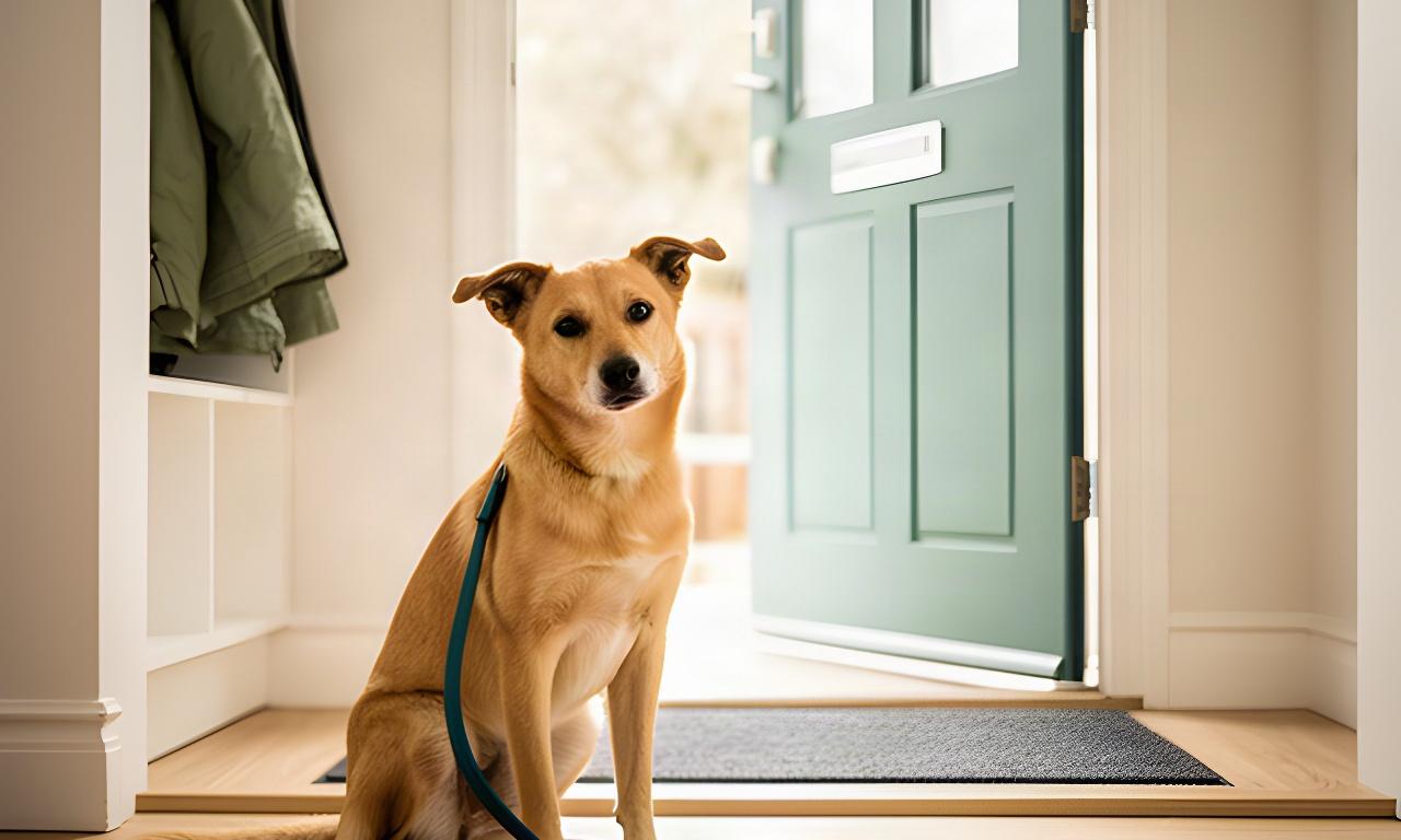 A dog waiting calmly beside a lead and a home entryway ready for a planned activity visit