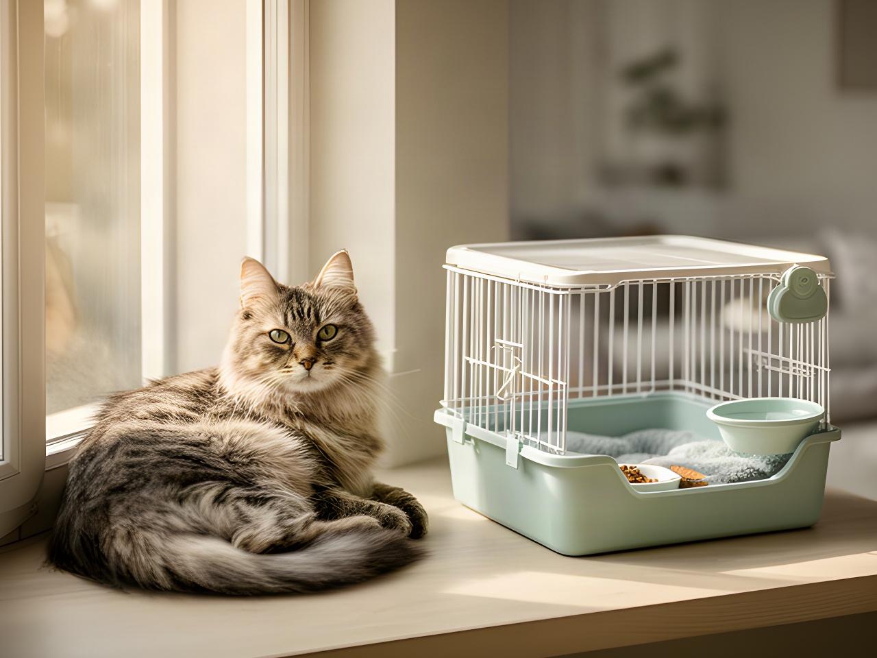 A calm cat resting by a window beside a small pet enclosure in a quiet home