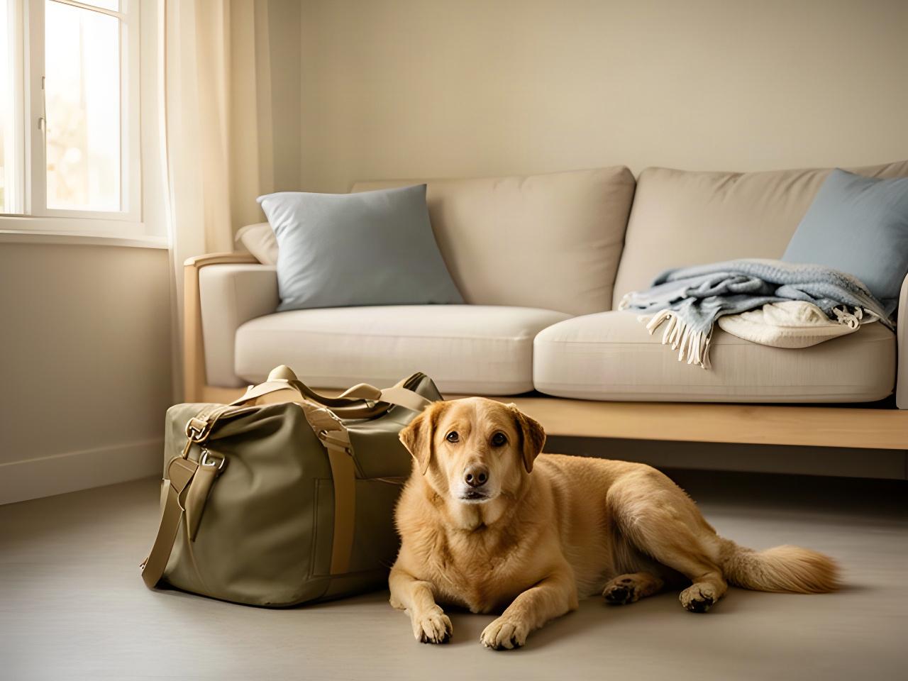 A relaxed dog resting beside a travel bag in a quiet holiday-home living room