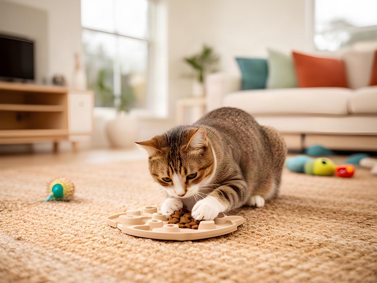 A cat using a puzzle feeder on a rug in a bright Mornington Peninsula home