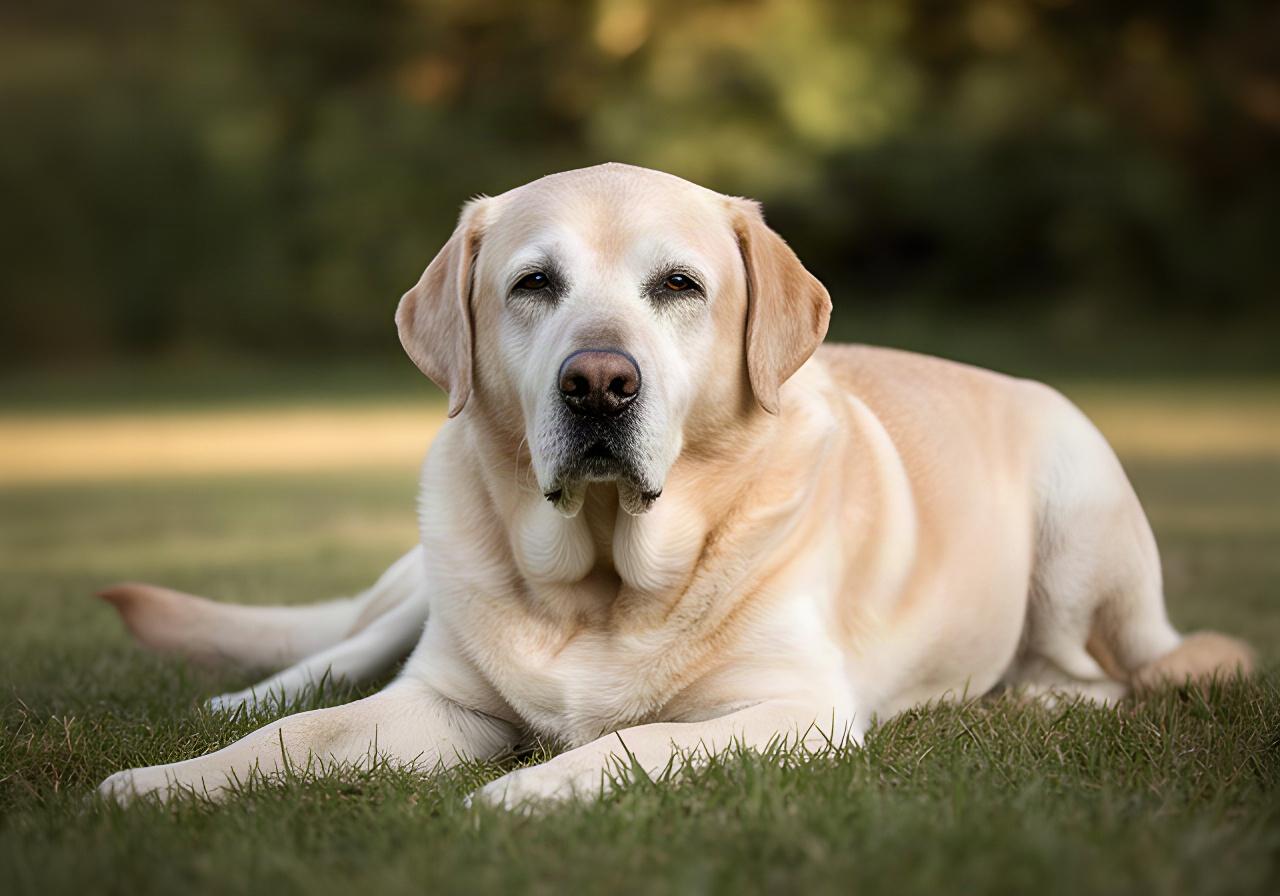 A relaxed senior Labrador resting on grass after a gentle, low-impact enrichment session