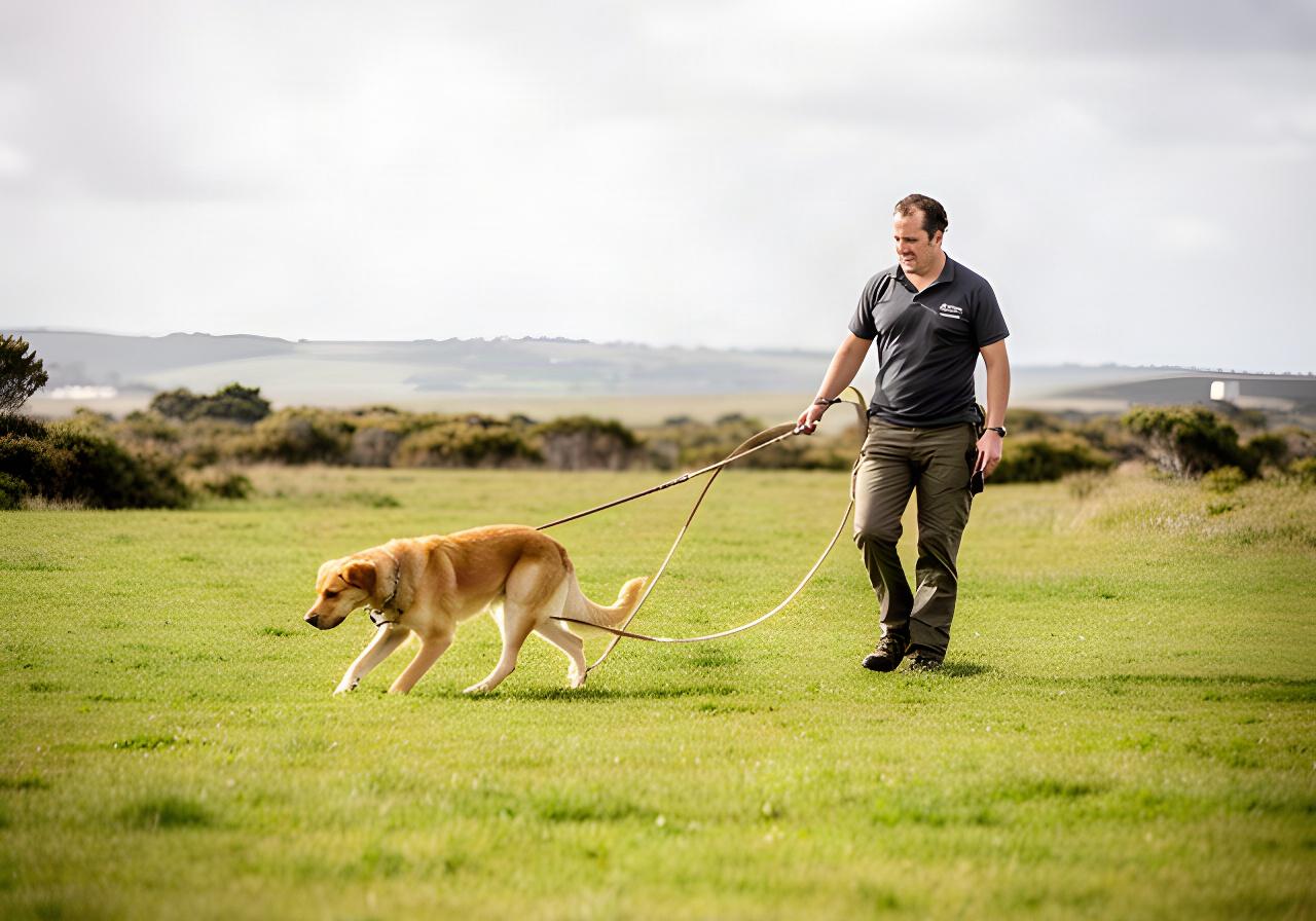 A handler calmly works with a dog on a long line in an open grassy area on the Mornington Peninsula