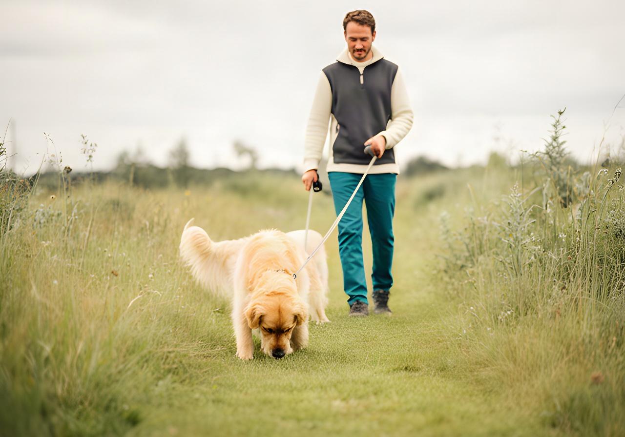 A handler gives a dog time to sniff a grassy track on a relaxed weekday session