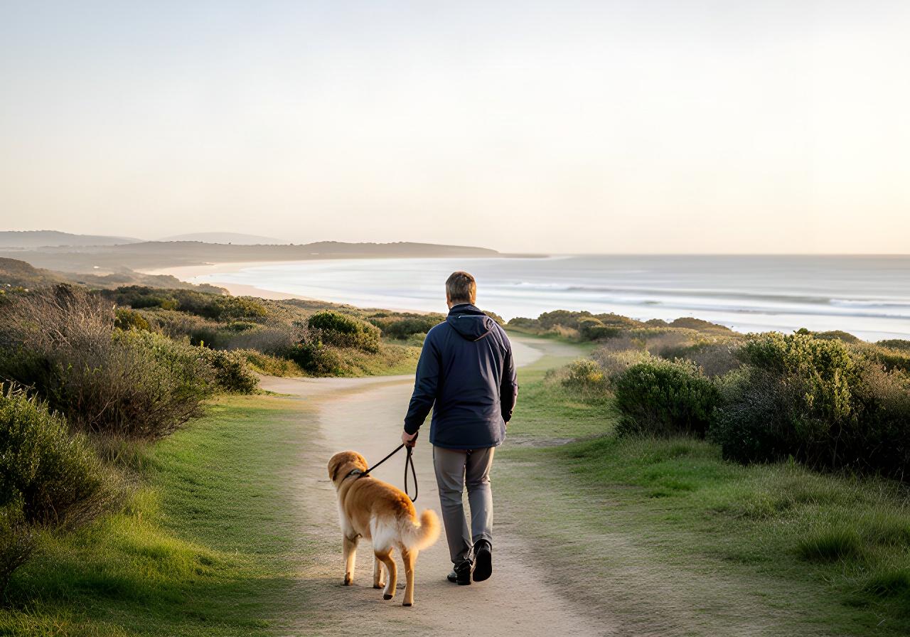 A dog and handler take a quiet walk along a coastal track on the Mornington Peninsula