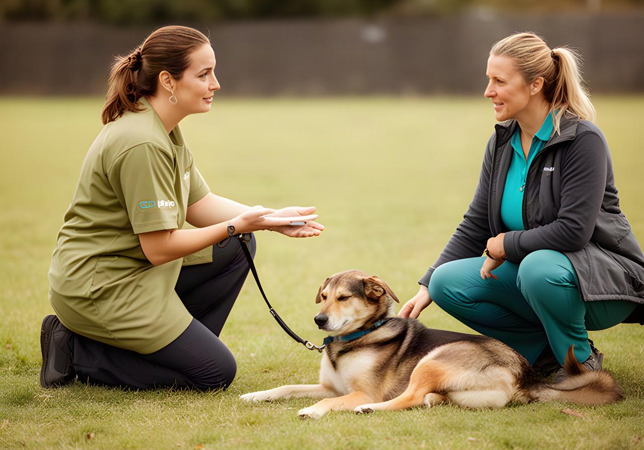 A handler checks in with an owner while a dog rests calmly beside them before an activity session