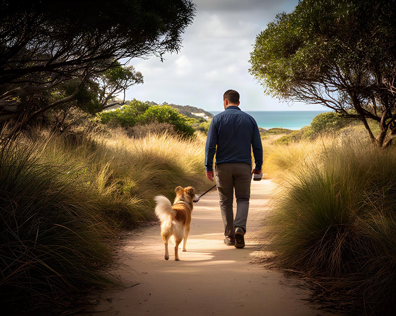 Dog and handler walking a quiet coastal reserve path with native grasses and sheltered shade