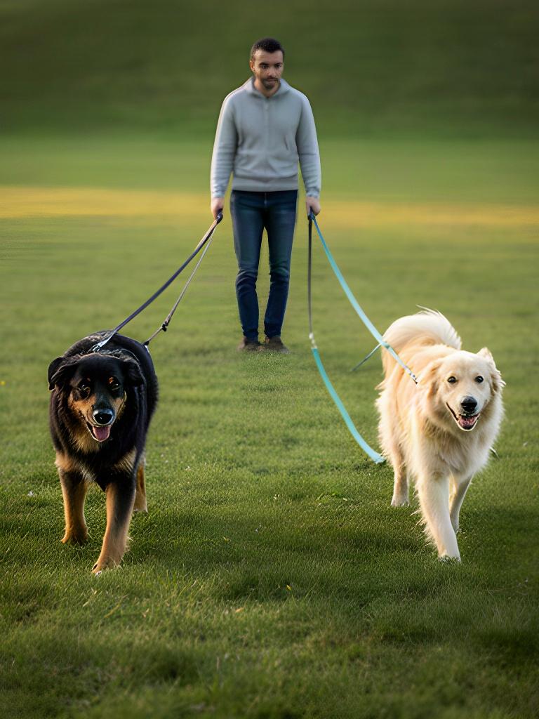 Two dogs from the same household walking on separate long lines with a handler in a quiet grassy area