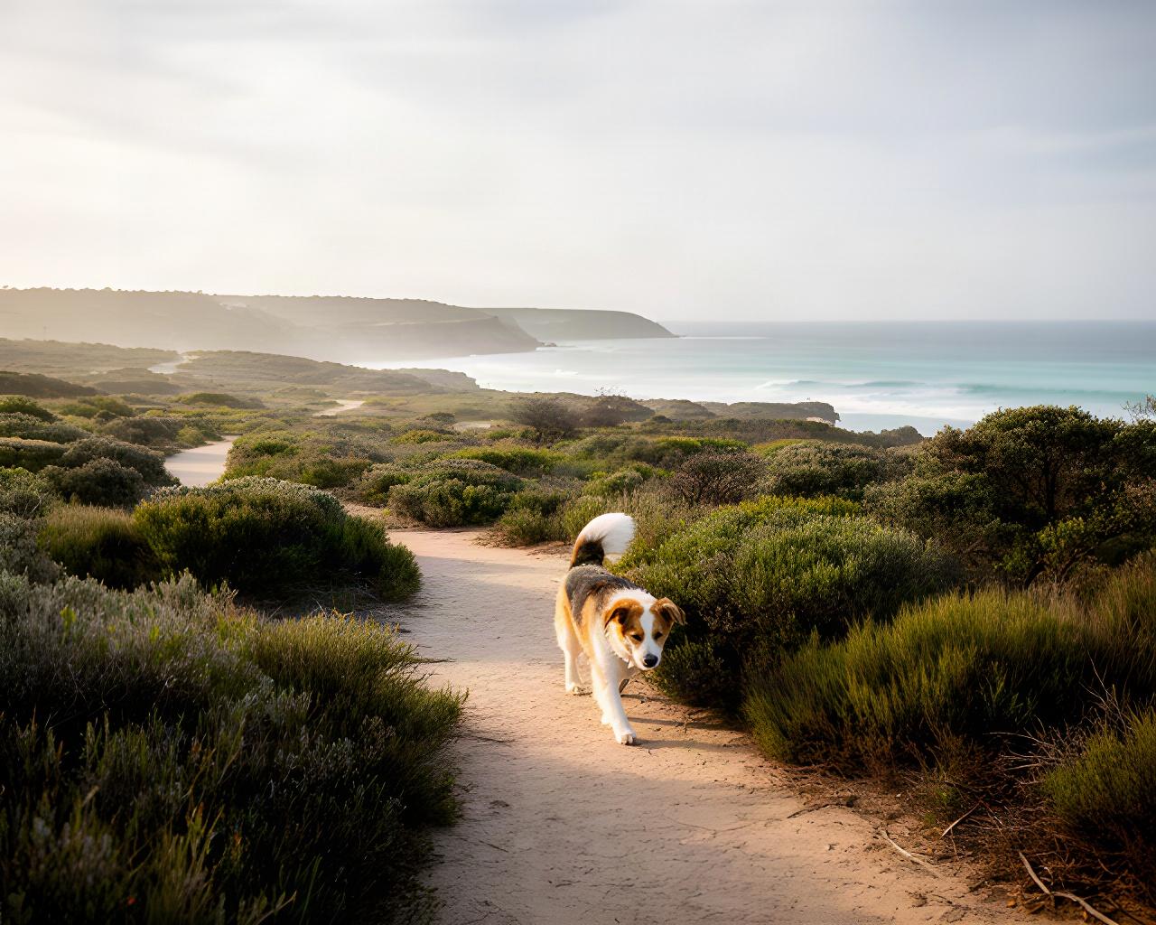 Dog following a scent along a quiet Mornington Peninsula coastal track beside native scrub