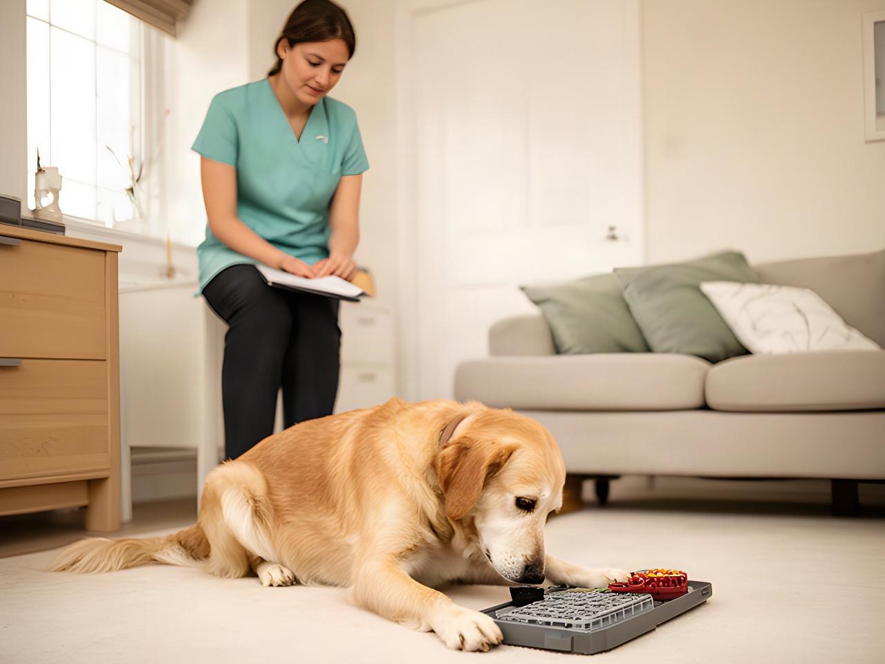 A dog working calmly at a scent enrichment activity in a tidy home while its handler supervises