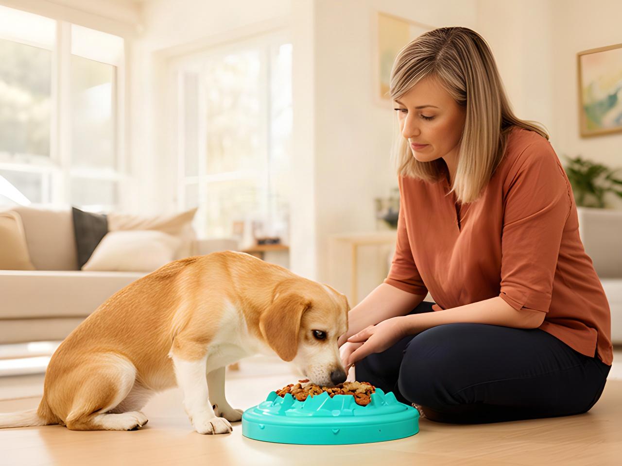 A dog carefully sniffing a treat puzzle beside its owner in a bright Melbourne home