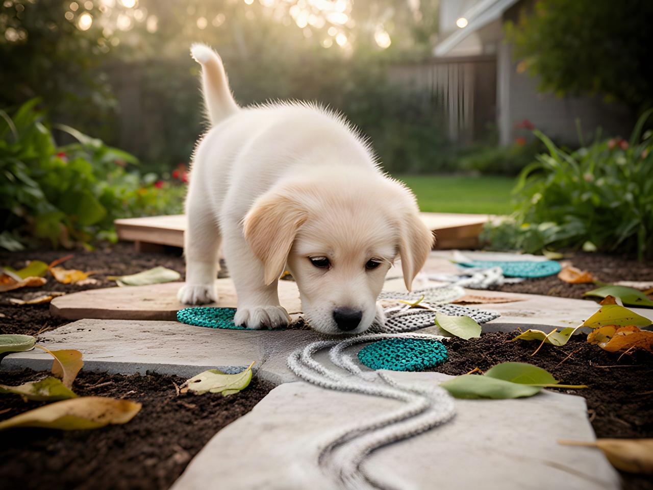 Young puppy investigating a textured surface and following a scent trail in a quiet garden