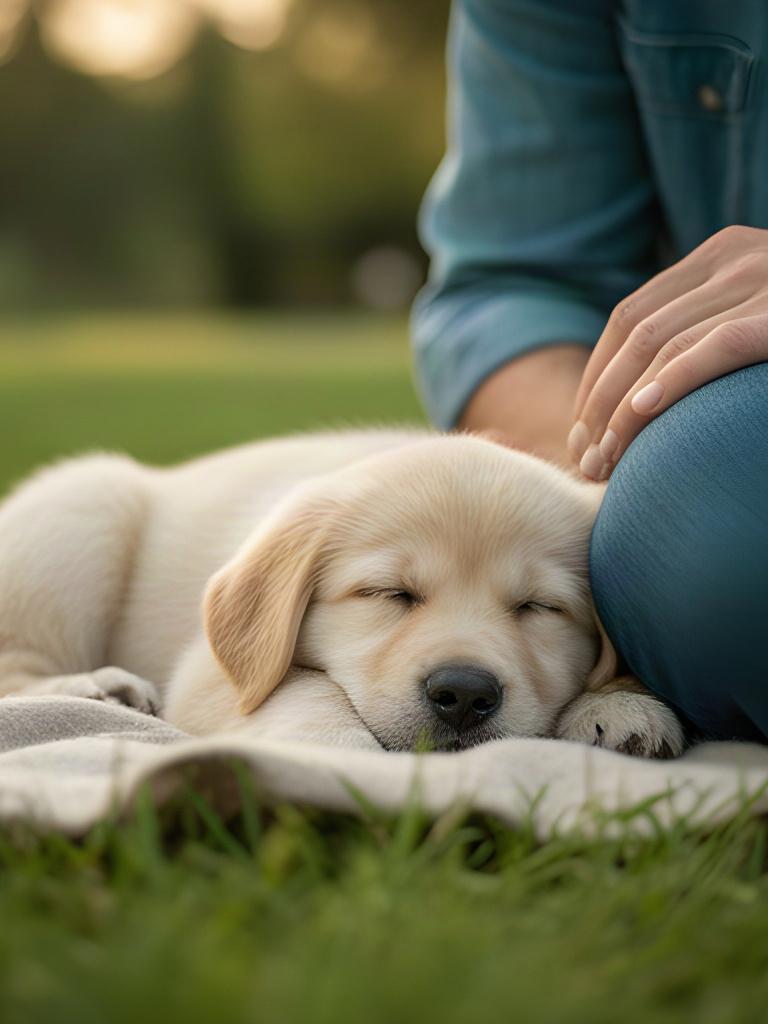 Puppy resting beside its owner after a short supervised activity in a calm outdoor setting