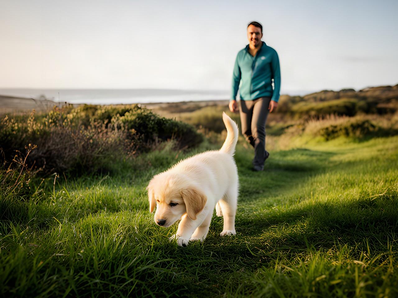 Young puppy sniffing a trail through grass beside a calm handler on the Mornington Peninsula