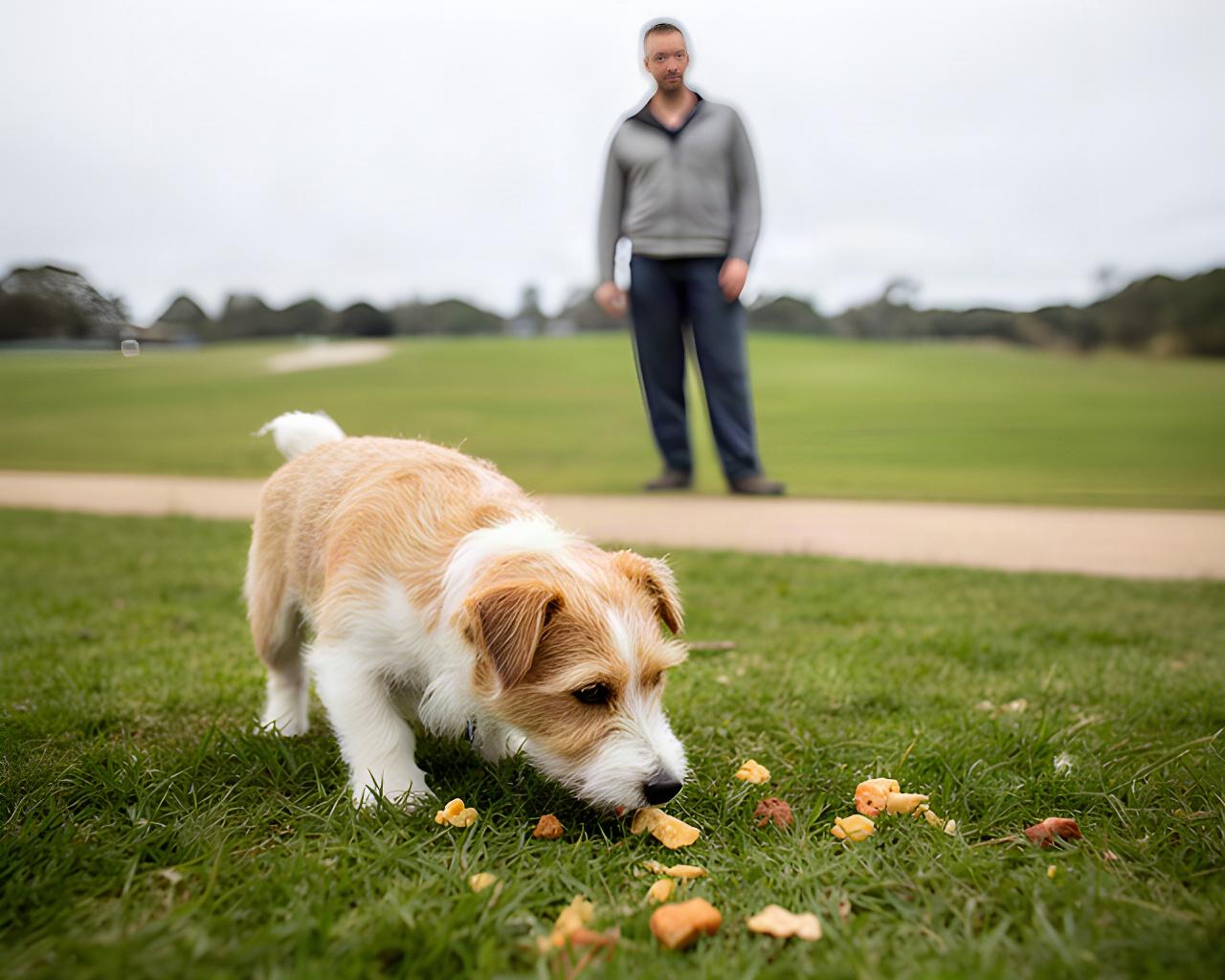 A small terrier calmly searches for scattered treats on a quiet grassy reserve with its handler nearby