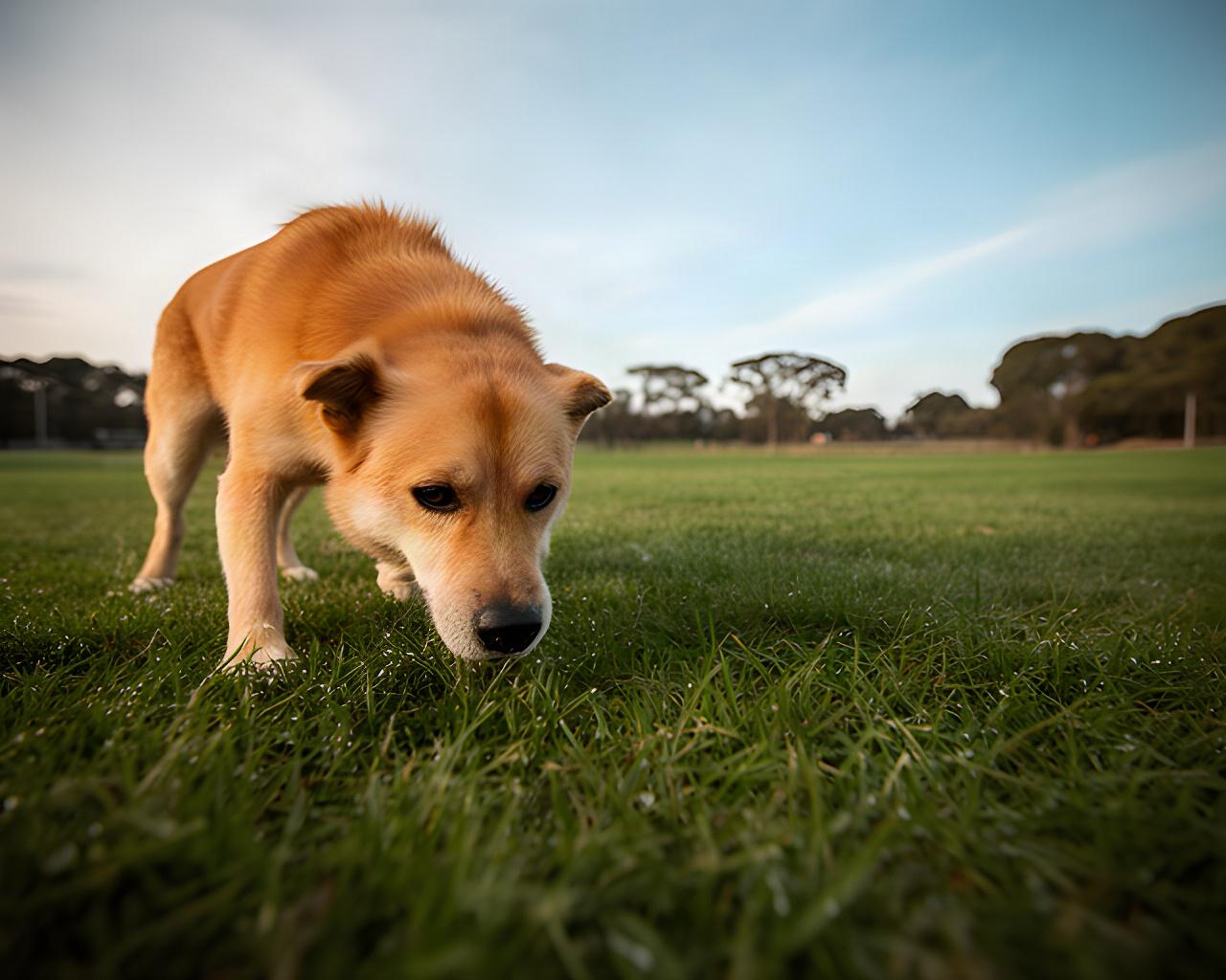 A rescue dog investigates grass at its own pace in a quiet open reserve away from other dogs