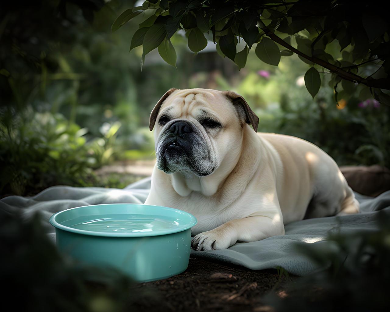 A flat-faced dog rests in a shaded garden with water nearby during a calm break