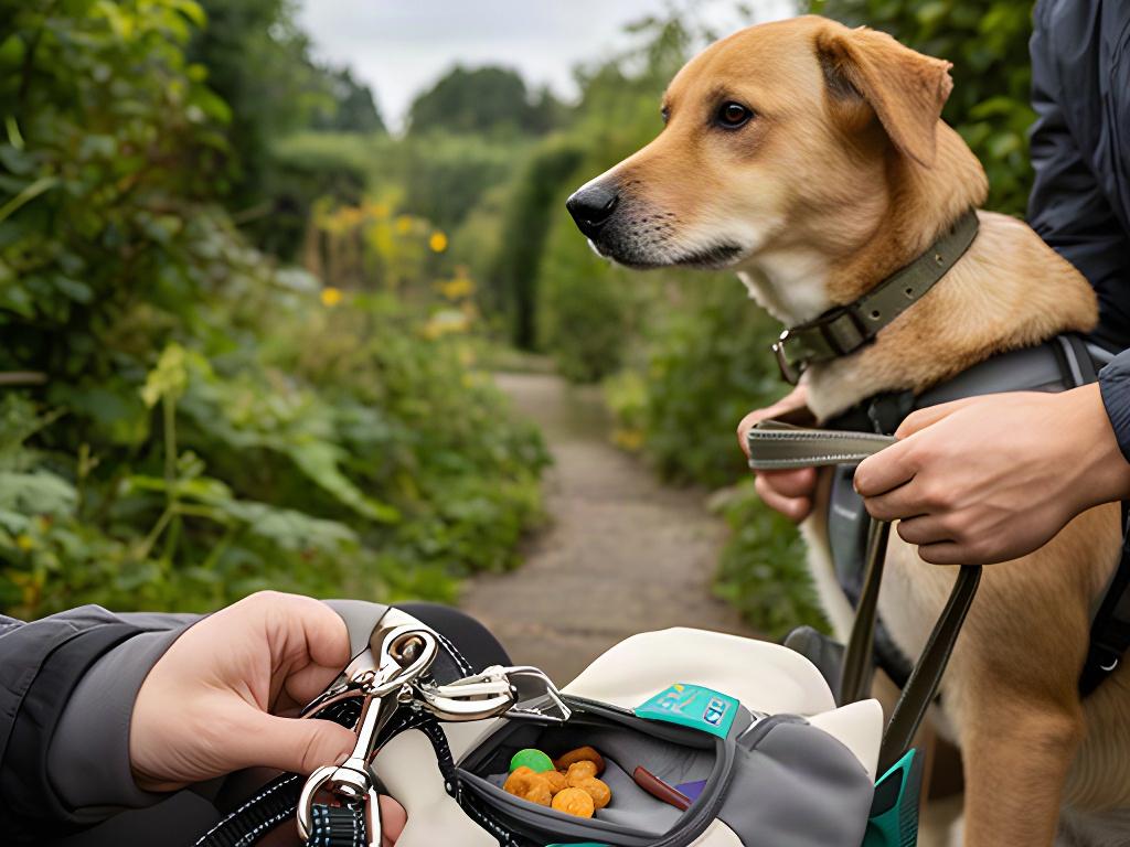 A handler preparing a lead and enrichment pouch beside a dog before an outdoor activity session