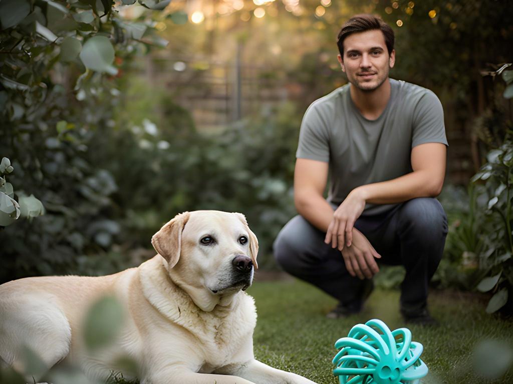 Dog resting comfortably beside a handler after a quiet enrichment activity in a leafy Melbourne garden