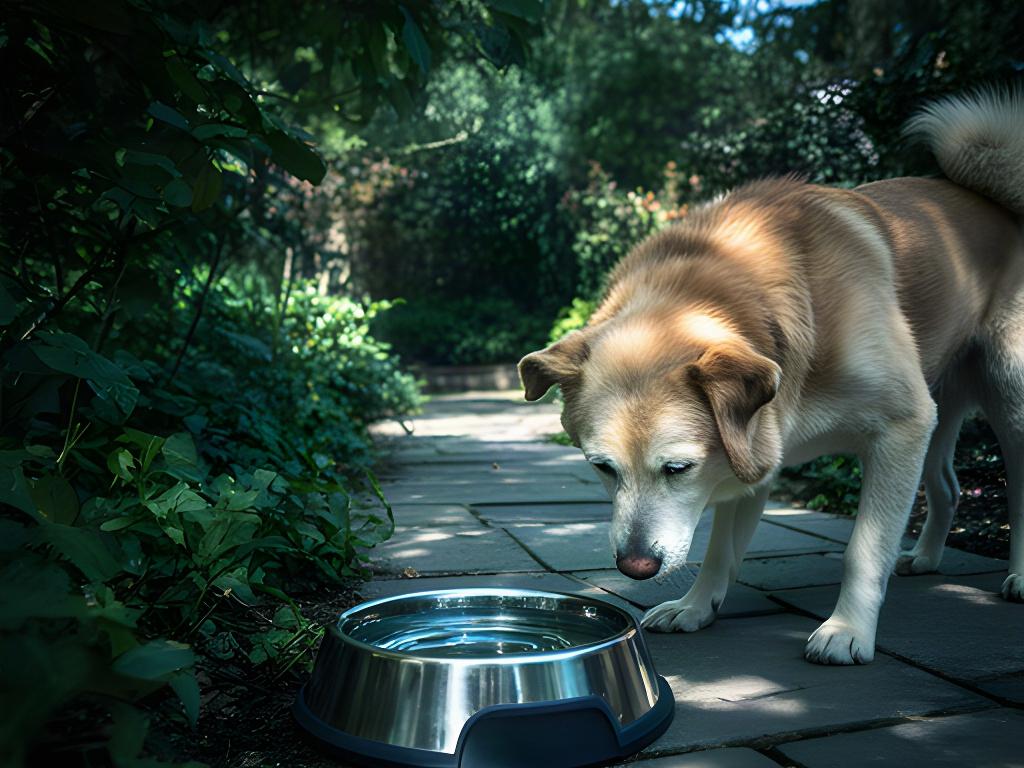 Dog sniffing a shaded garden path beside a water bowl during a calm outdoor enrichment activity