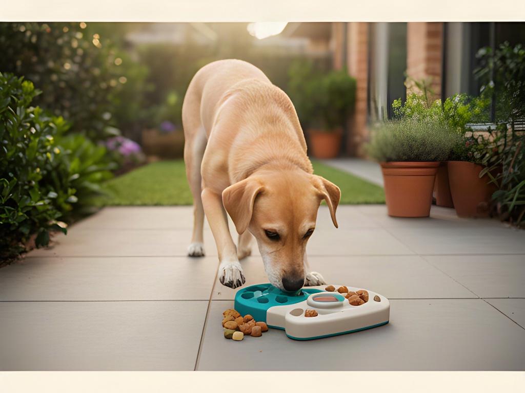 Dog calmly investigating a treat puzzle on a garden patio in soft morning light